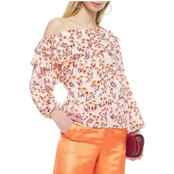 MAJE Laurane one-shoulder ruffled metallic fil coupé floral-jacquard top size 2 - Picture 4 of 11